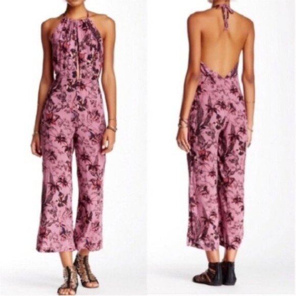 Free People Twisted Halter Floral Print Jumpsuit in Lilac Combo Size 4 - Picture 1 of 12